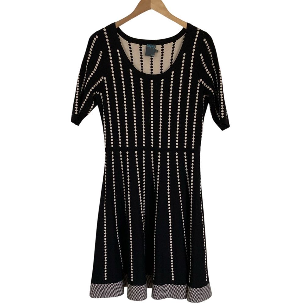 Gabby Skye Black Cream Dotted Stripe Fit‎ Flare Sweater Dress Elbow Sleeve Large